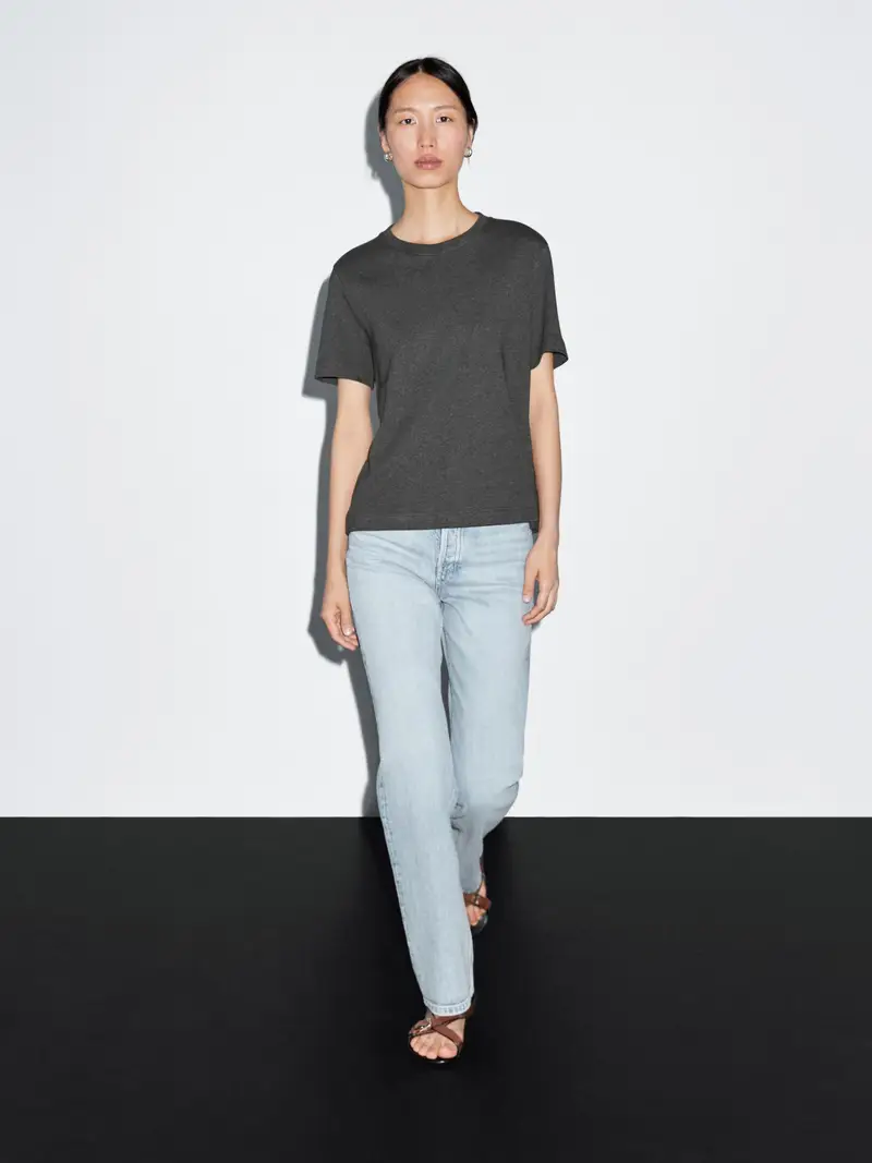 Massimo Dutti Maglietta Interlock Con Collo Rotondo 100% Cotone - Grigio Antracite - - - Femminile