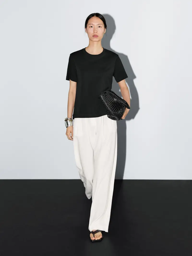 Massimo Dutti Maglietta Interlock Con Collo Rotondo 100% Cotone - Nero - - - Femminile