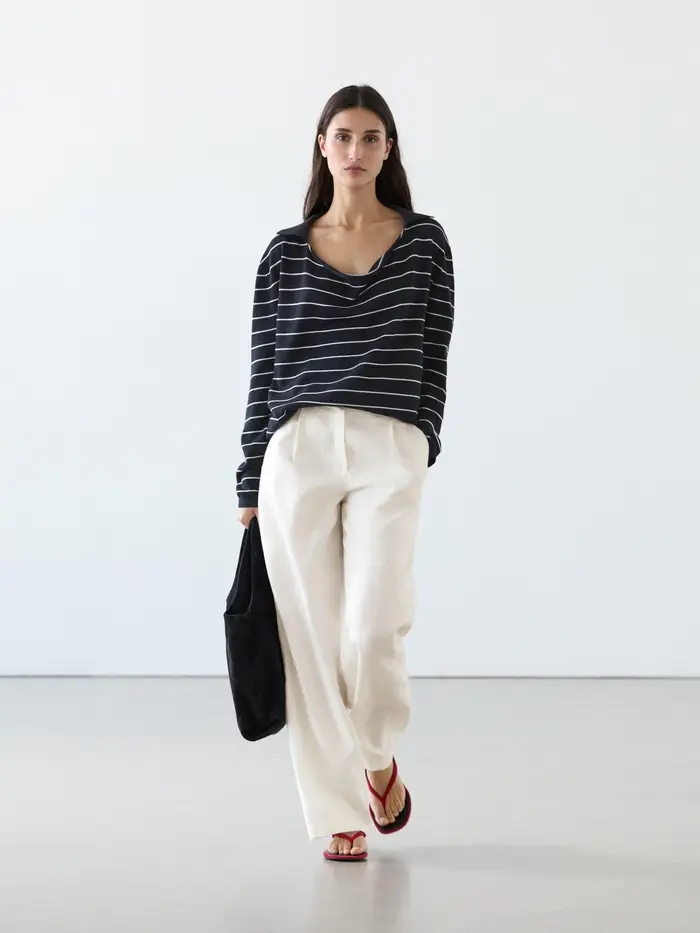 Pantaloni Gamba Larga Con Elastico 100% Lino - Bianco Roto - (It 46) - Massimo Dutti - Femminile