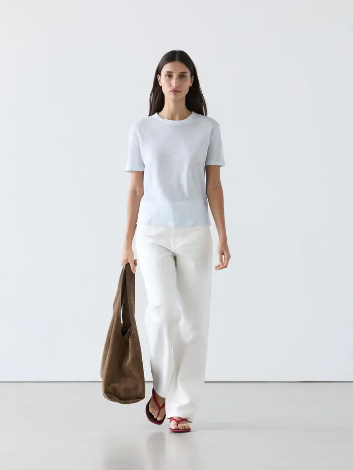 Massimo Dutti T-Shirt A Maniche Corte In Lino - Celeste - - - Femminile
