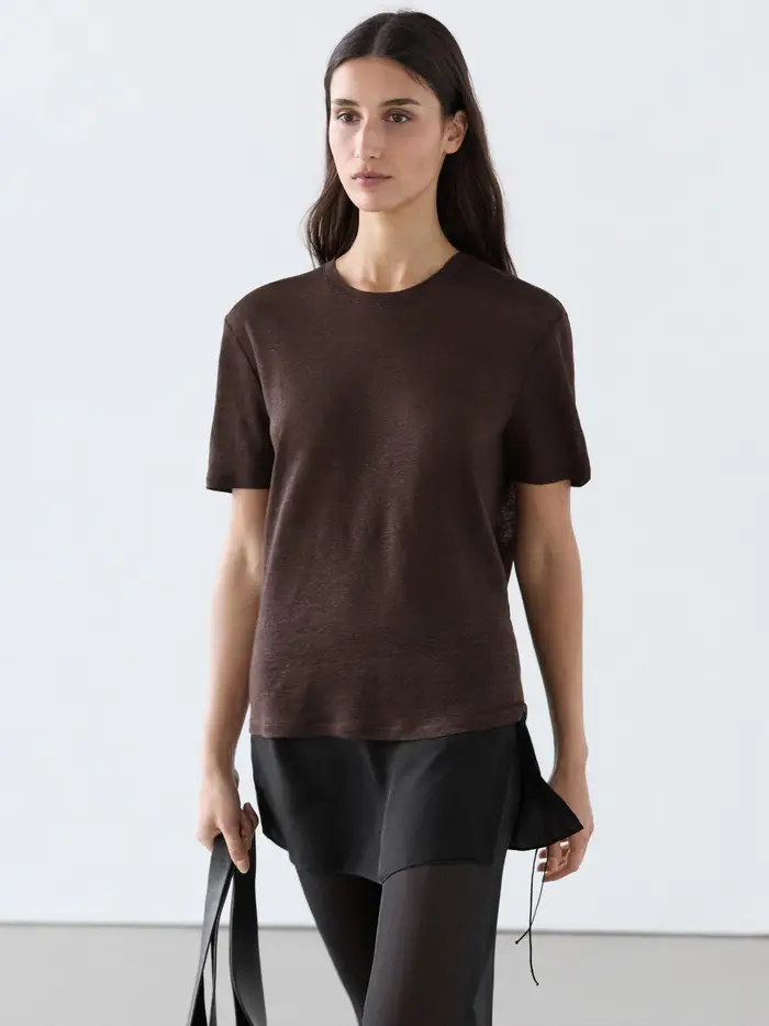 Massimo Dutti T-Shirt A Maniche Corte In Lino - Marrone - - - Femminile