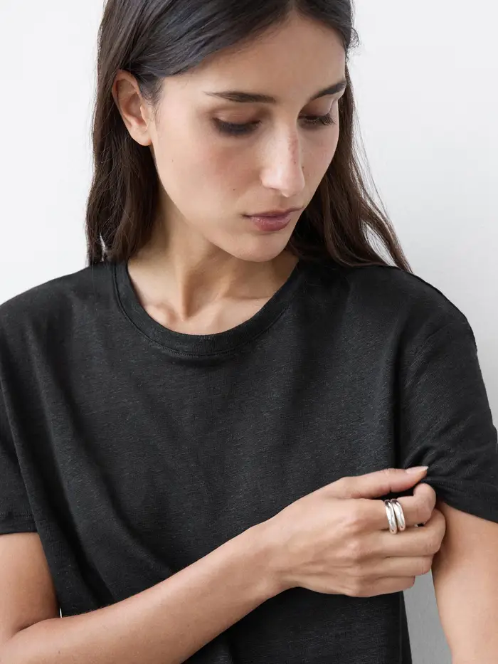Massimo Dutti T-Shirt A Maniche Corte In Lino - Nero - - - Femminile