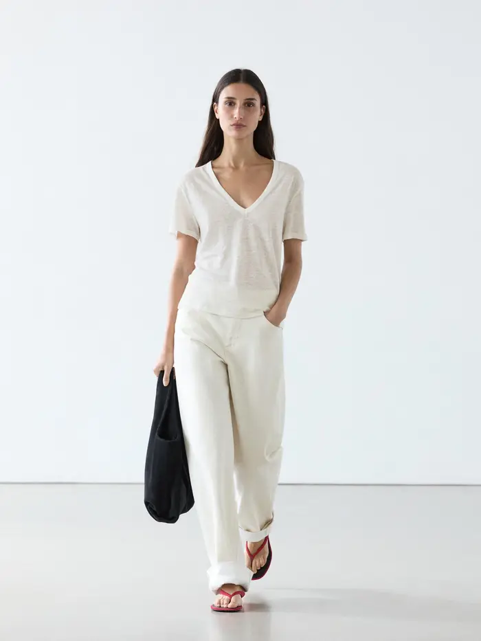 Massimo Dutti T-Shirt Con Scollo A V In Lino - Bianco Roto - - - Femminile