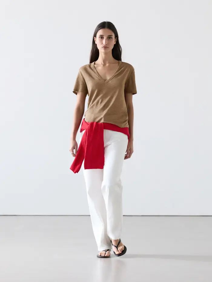 Massimo Dutti T-Shirt Con Scollo A V In Lino - Marrone Tostato - - - Femminile