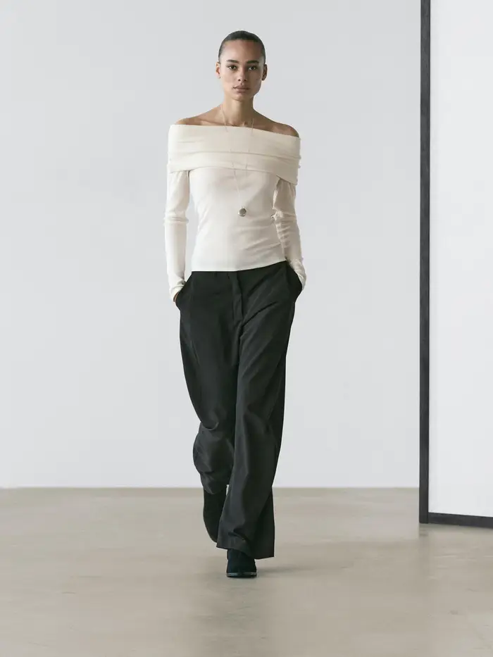 Massimo Dutti T-Shirt Con Spalle Scoperte In Misto Cotone - Ecru - - - Femminile