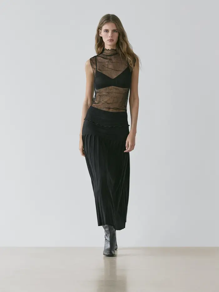 Massimo Dutti Top Con Collo Alto E Trasparenza - Nero - - - Femminile