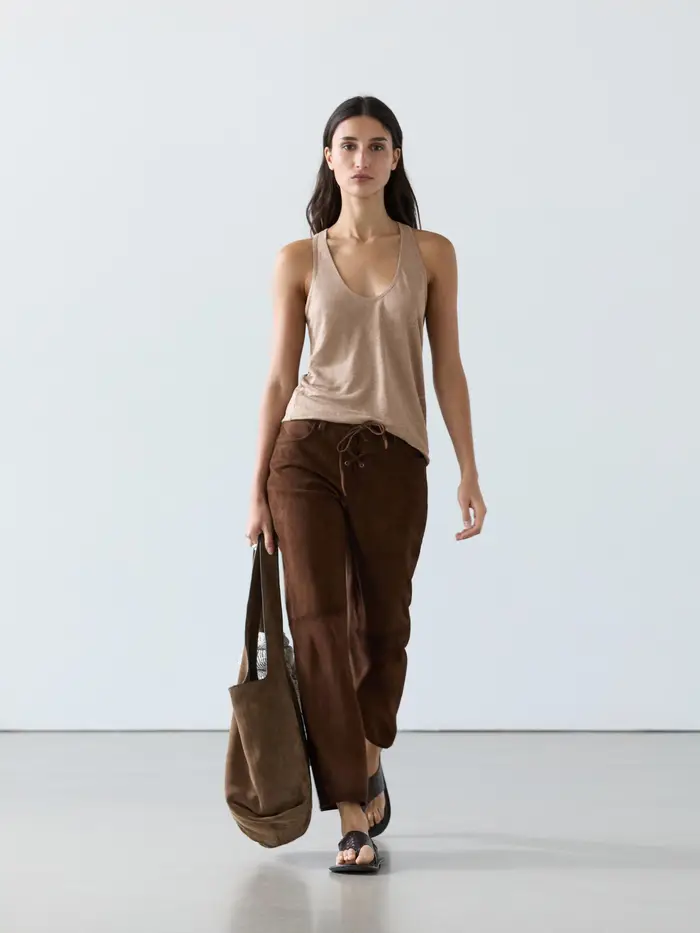 Massimo Dutti Top Con Spalline 100% Lino - Pietra - - - Femminile