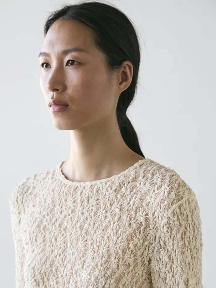 Massimo Dutti Top In Maglia Traforata A Maniche Lunghe In Pizzo - Ecru - - - Femminile