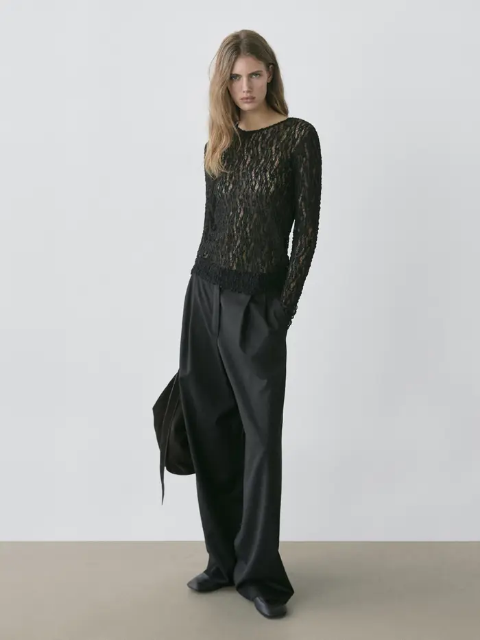 Top In Maglia Traforata A Maniche Lunghe In Pizzo - Nero - - Massimo Dutti - Femminile