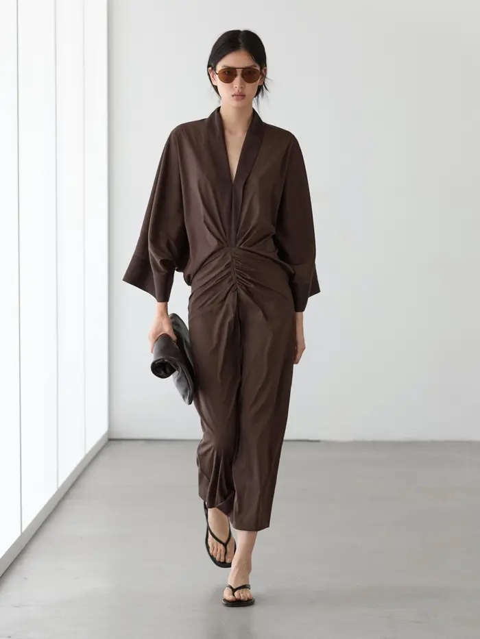 Massimo Dutti Vestito A Maniche Lunghe Con Arricciature - Cioccolato - - - Femminile