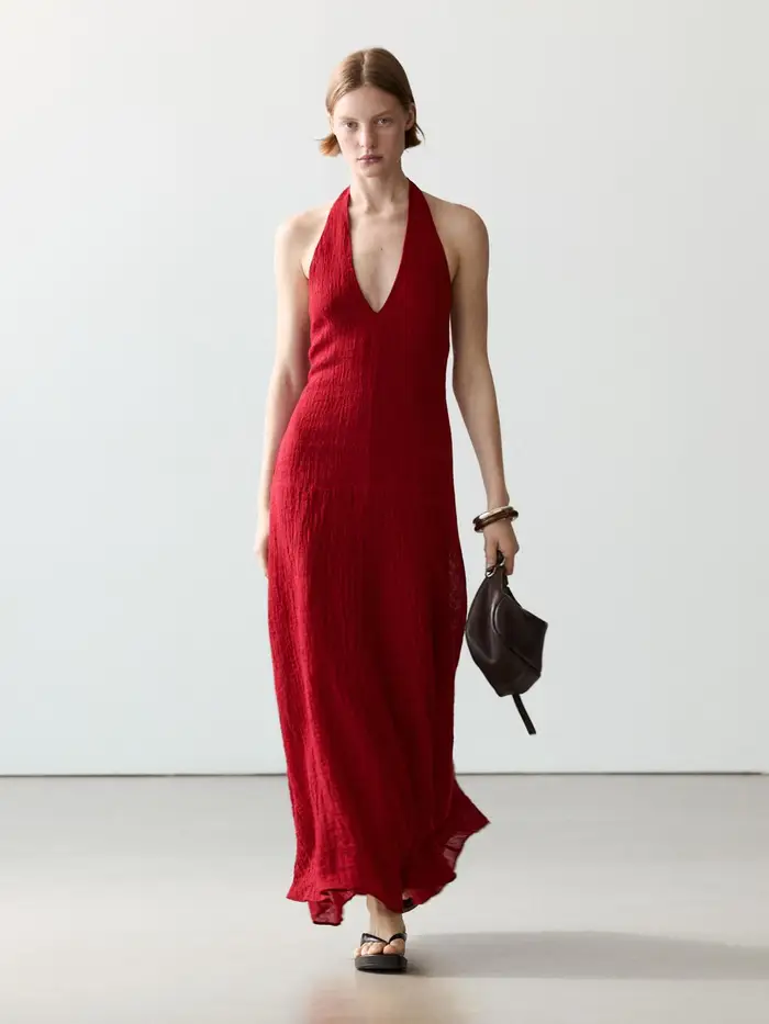 Massimo Dutti Vestito Lungo Con Scollo 100% Lino - Rosso - - - Femminile