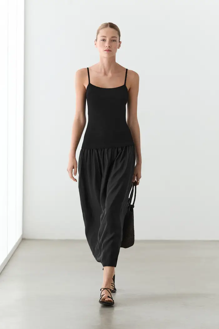Massimo Dutti Vestito Midi Combinato Con Spalline - Nero - - - Femminile