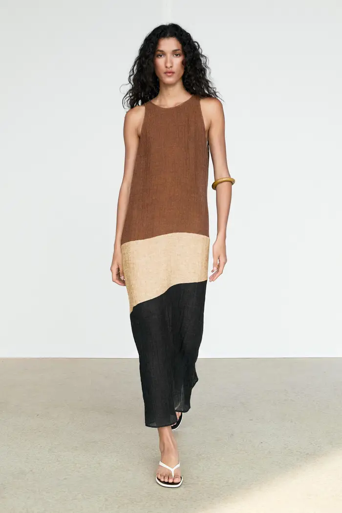 Massimo Dutti Vestito Midi Combinato In Misto Lino - Marrone - - - Femminile