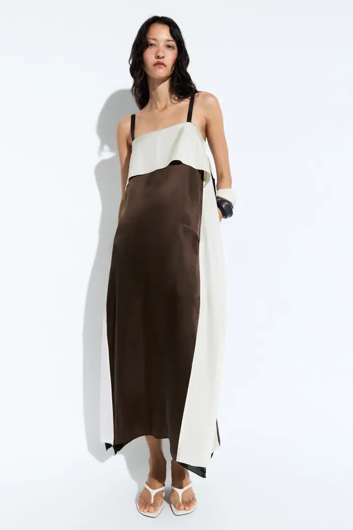 Massimo Dutti Vestito Midi Fluido Combinato - Marrone - - - Femminile