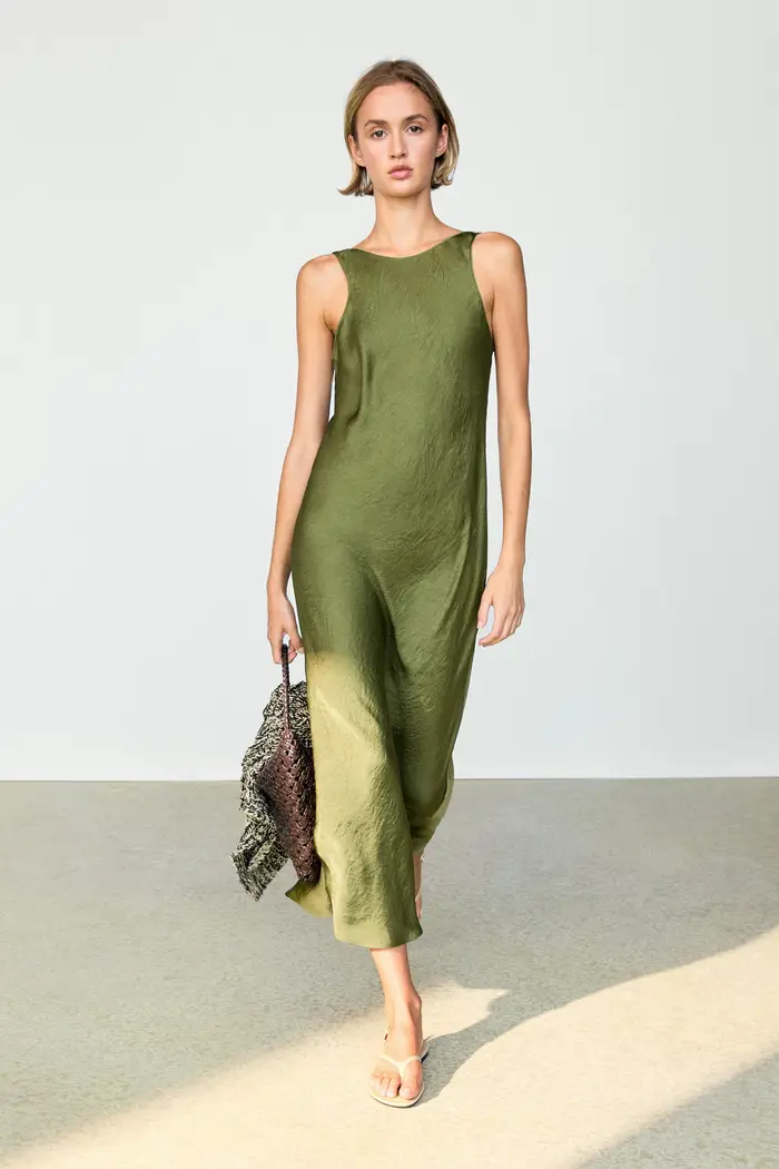 Massimo Dutti Vestito Midi Fluido - Verde - - - Femminile