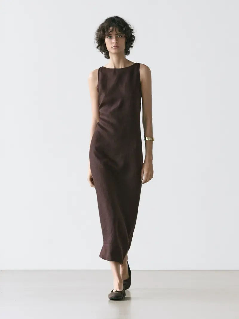 Massimo Dutti Vestito Midi Halter Lino - Cioccolato - - - Femminile