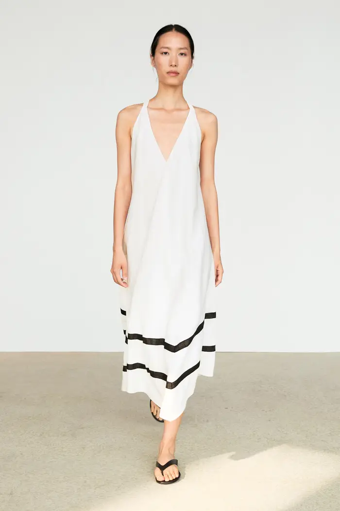 Massimo Dutti Vestito Midi In Misto Lino Con Profili A Contrasto - Bianco - - - Femminile