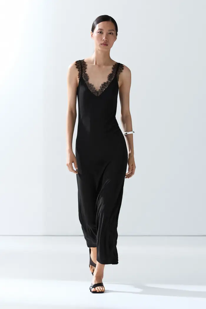 Massimo Dutti Vestito Midi Sottoveste Fluido - Nero - - - Femminile
