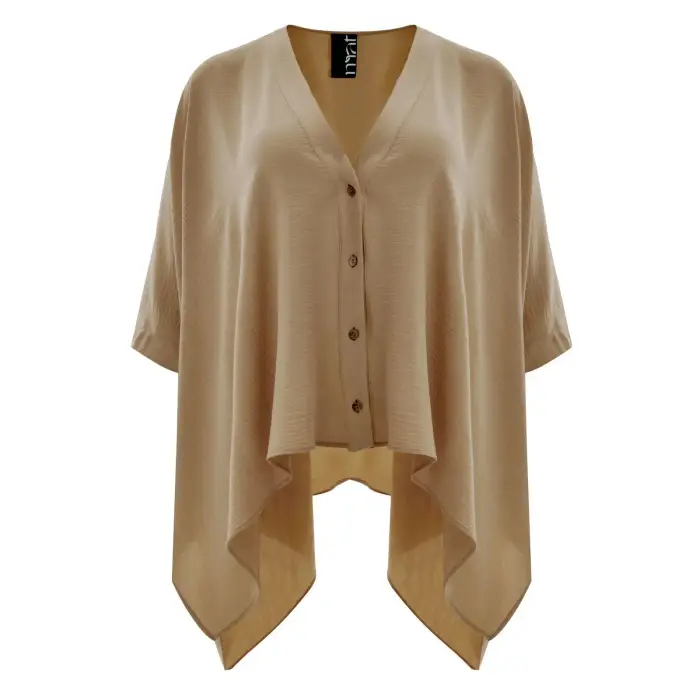 Blusa a collo V in crêpe con lati a taglio vivo donna Mat Fashion Airwashed Beige