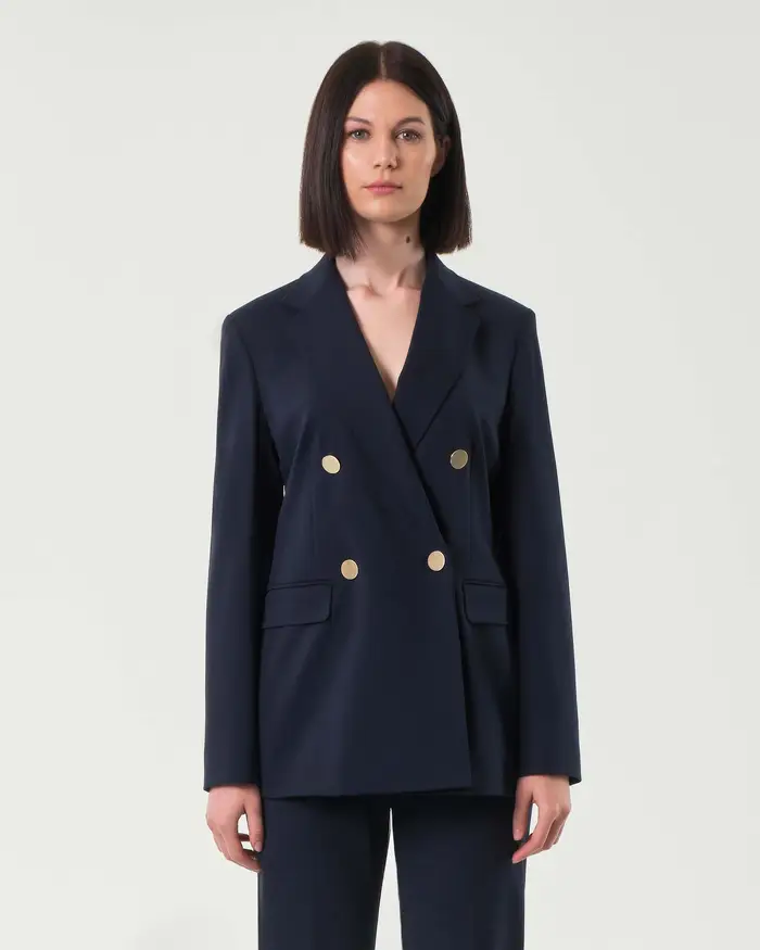 Blazer doppiopetto blu in jersey punto Milano con bottoni a specchio color oro