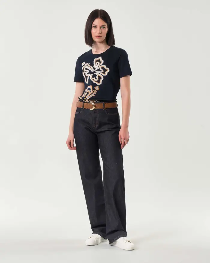 Jeans wide-leg lavaggio scuro in cotone stretch a vita alta con impunture a contrasto