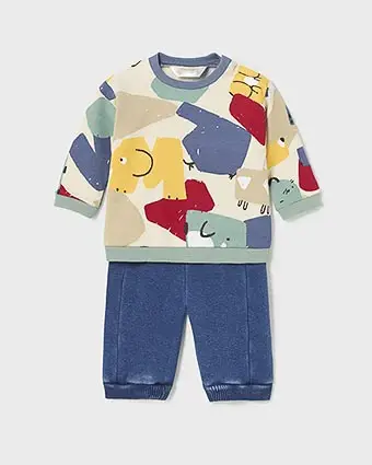 Completo composto da felpa stampata multicolore e jeans a lavaggio scuro stone washed 6-18 mesi