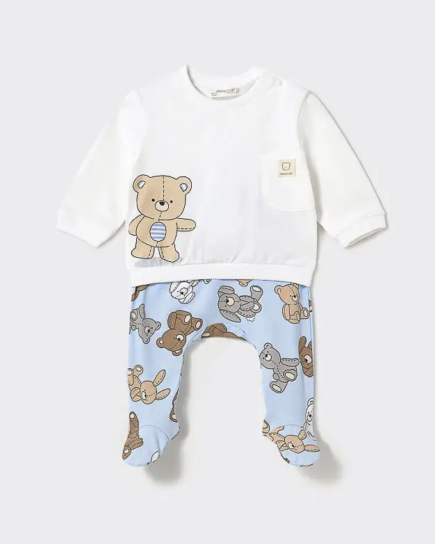 Completo Mayoral bianco e azzurro in misto cotone stretch con stampa orsetti