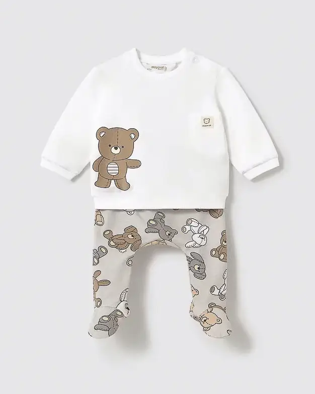 Completo Mayoral bianco e beige in misto cotone stretch con stampa orsetti