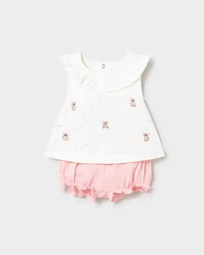 Mayoral Completo con t-shirt avorio con orsetti e ghette rosa