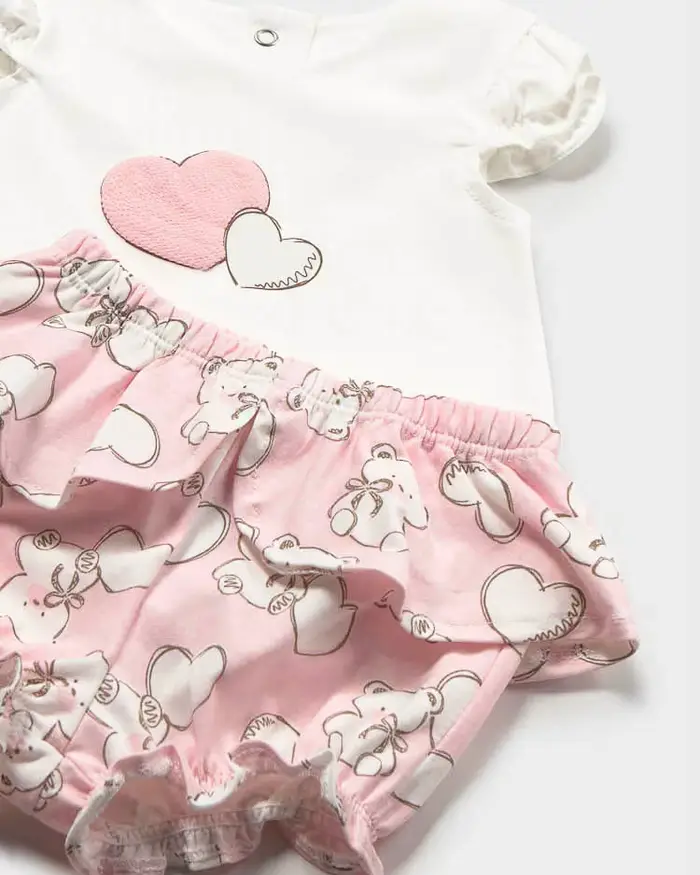 Mayoral Completo con t-shirt avorio e culotte rosa con orsetti e volant