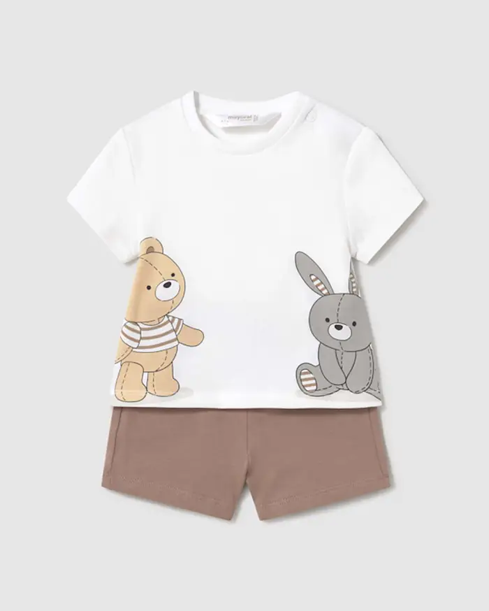 Completo Mayoral t-shirt bianca con animaletti e short marrone
