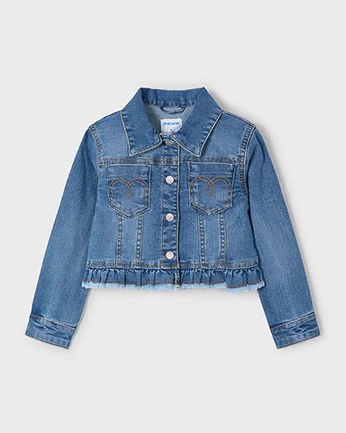 Giubbino cropped Mayoral in denim a lavaggio medio con balza