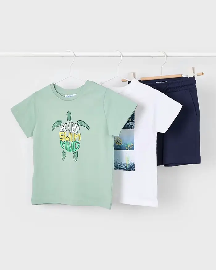 Set doppia t-shirt e bermuda in puro cotone con motivo tartaruga