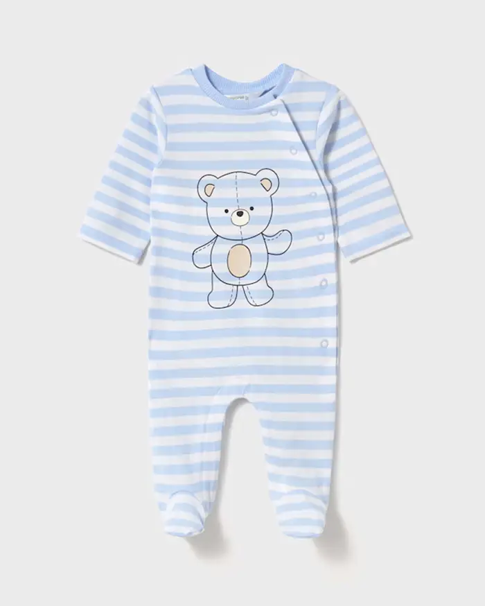 Tutina Mayoral a righe bianca e azzurra con gambaletto e stampa orsetto