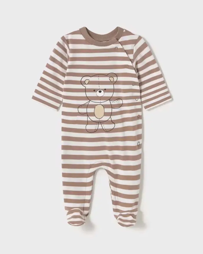 Tutina Mayoral a righe bianca e marrone con gambaletto e stampa orsetto