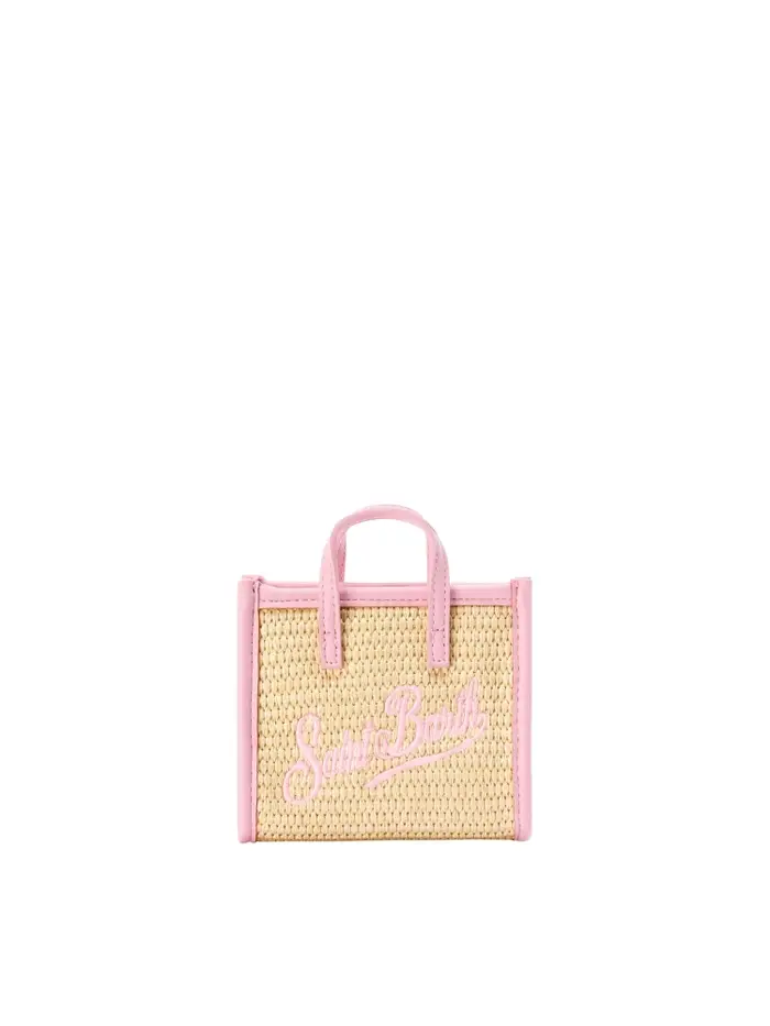 borsa vivian micro straw in rafia beige e dettagli rosa