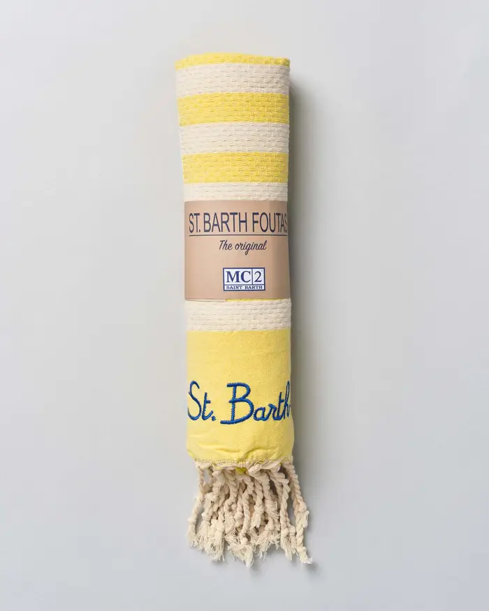 MC2 Saint Barth Telo mare giallo in cotone a righe panna con frange e scritta logo ricamata