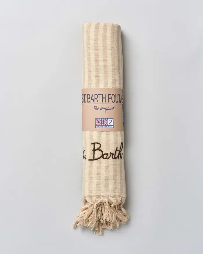 MC2 Saint Barth Telo mare in cotone a righe beige e panna verticali con frange e scritta logo ricamata