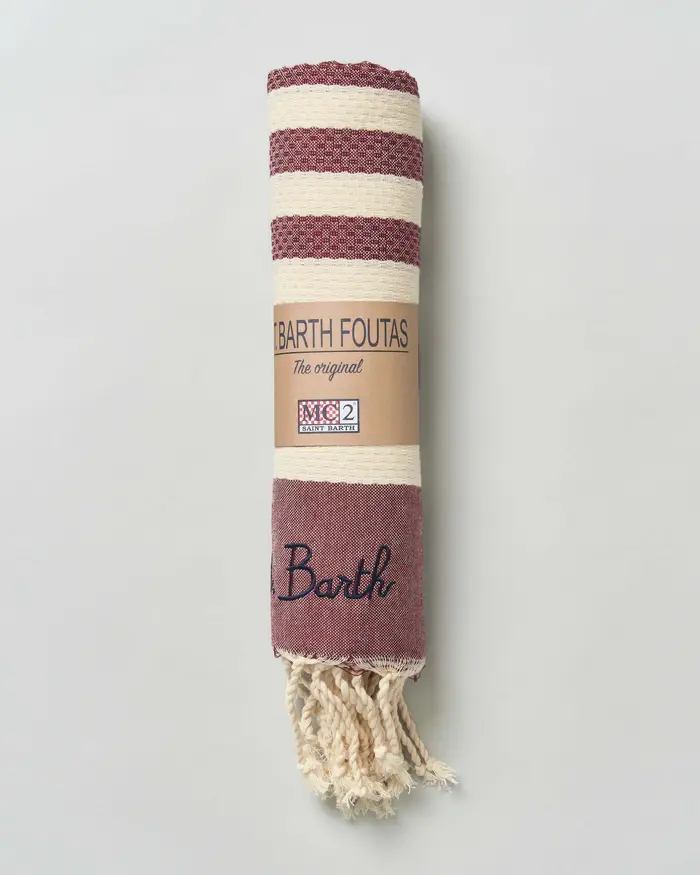 MC2 Saint Barth Telo mare in cotone a righe bordeaux e panna con frange e scritta logo ricamata