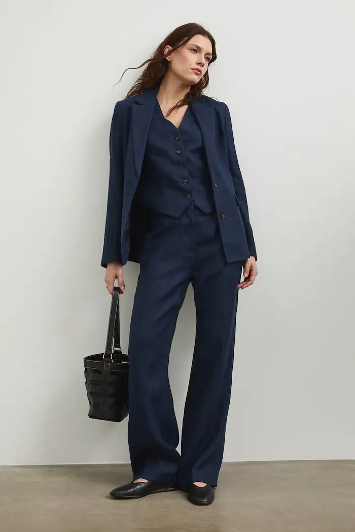Medicine pantaloni straight da donna in lino Blu navy