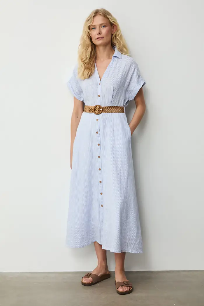 Medicine vestito svasato con lino Blu