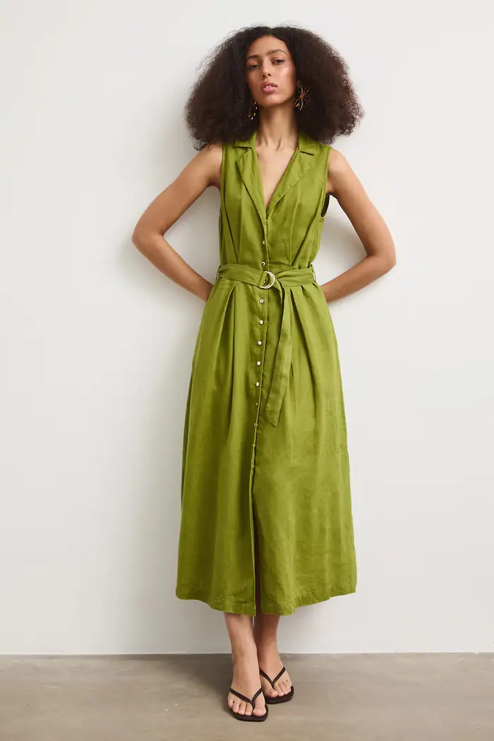 Medicine vestito svasato in lino Verde