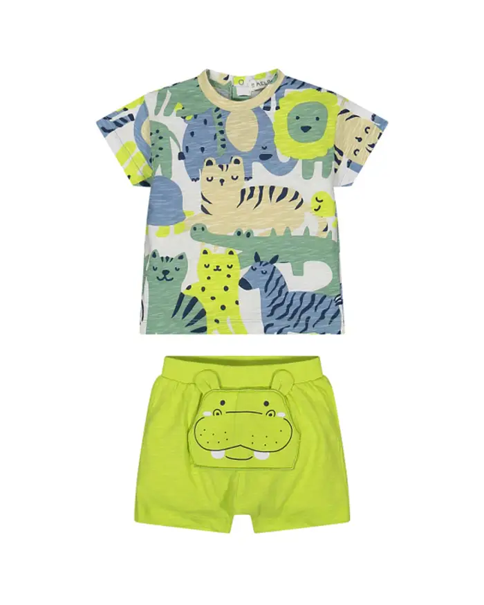 Completo in cotone fiammato composto da bermuda lime con ippopotamo e t-shirt con stampa safari multicolor