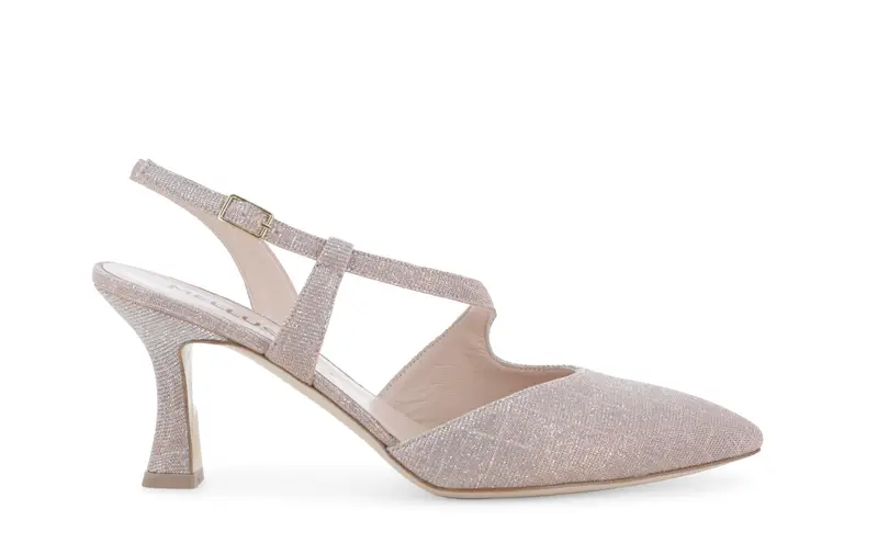 Melluso Décolleté donna slingback in tessuto rosa glitter con cinturini incrociati e1634q