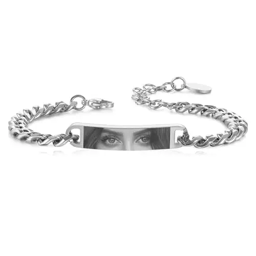MeMeDIY Bracciale Uomo con Foto Occhi Personalizzata Braccialetto Acciaio Inossidabile Regolabile con Incisione