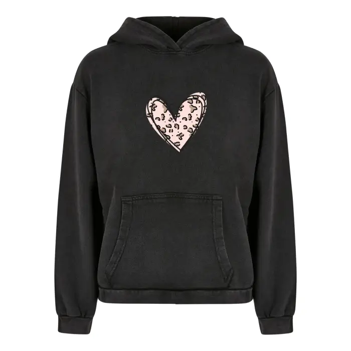 Merchcode Felpa oversize con cappuccio da donna Valentines Day - Leopard Heart Acid Washed Noir