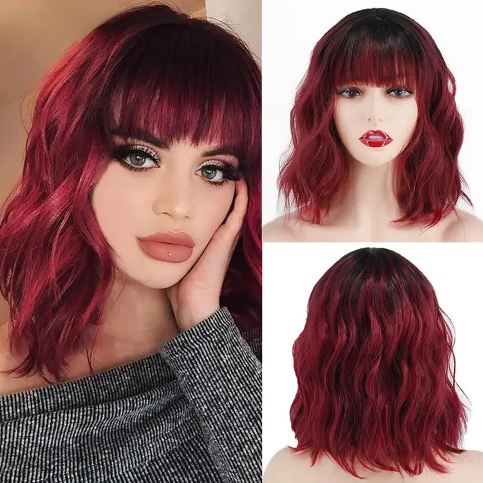 Parrucche sintetiche caschetto corto platino Parrucca bionda Ombre ondulata Radici scure con frangia per l uso quotidiano da donna CN