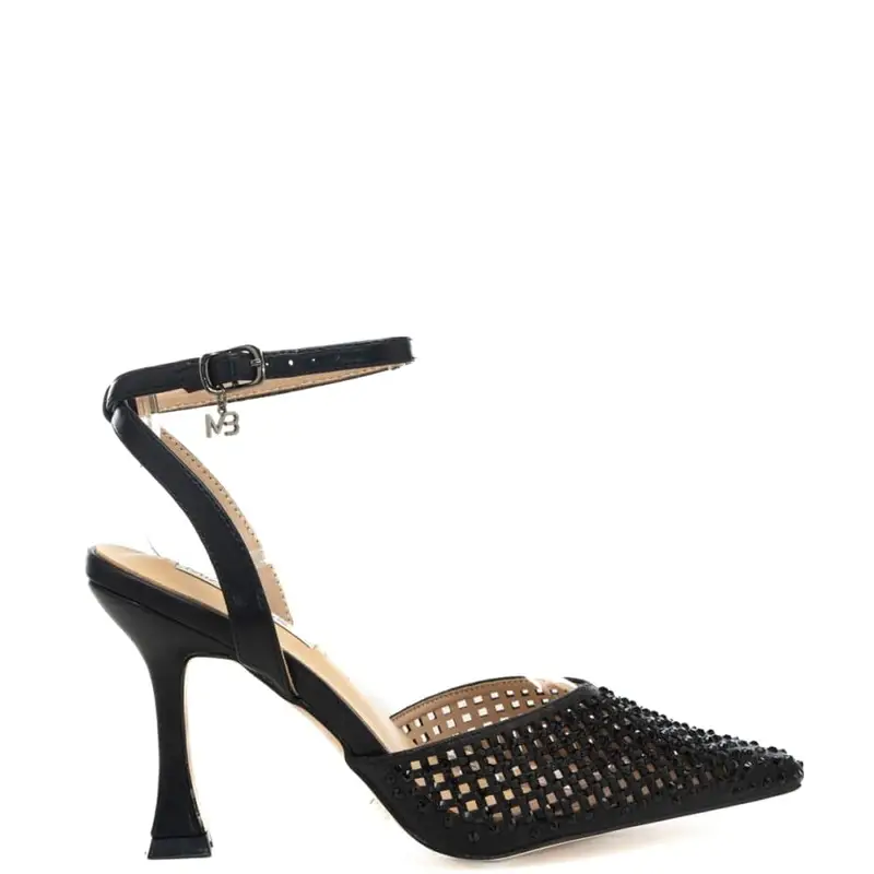 Miabelle scarpe alte da donna in tessuto intrecciato traforato con cinturino alla caviglia nere