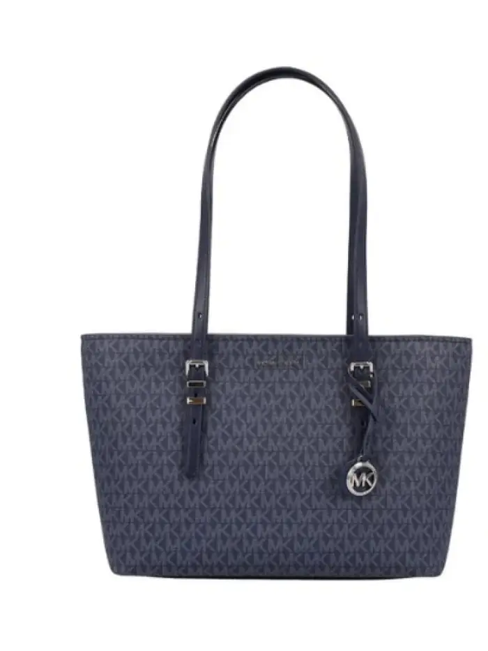 borsa tote quinn grande in ecopelle blu e stampa logo all over