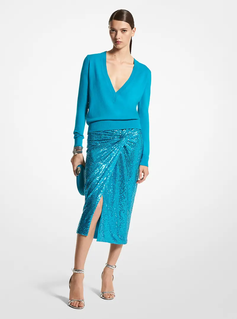 MICHAEL KORS COLLECTION MK Gonna pareo in jersey stretch con paillettes ricamate a mano - Blu - Michael Kors
